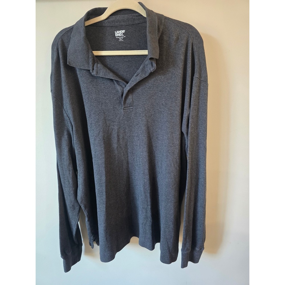 Lands End Mens Long Sleeve Polo Shirt Charcoal Gray Cotton 2XL Tall Traditional